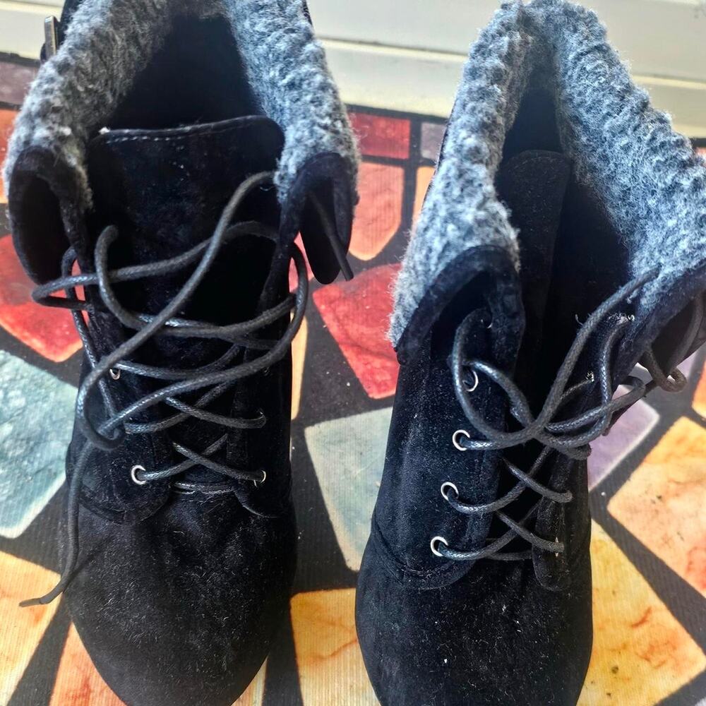 Black faux suede lace up ankle boots